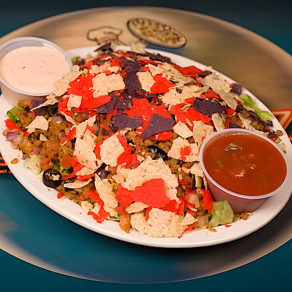 A large plate of nachos with red, white, and blue tortilla chips, salsa, and sour cream.