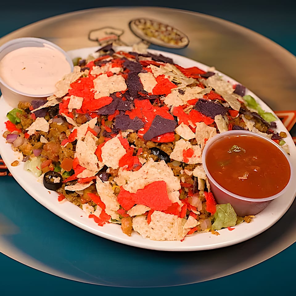 A large plate of nachos with red, white, and blue tortilla chips, salsa, and sour cream.