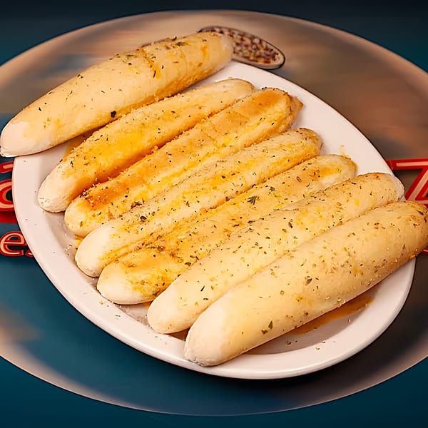 A white plate filled with golden-brown Harris Pizza breadsticks, seasoned with herbs and spices, with a dipping sauce.