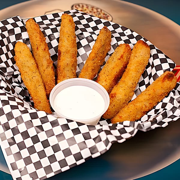 Fried pickle spears in a black and white checkered basket with a side of white dipping sauce.