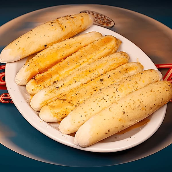 A white plate filled with golden-brown Harris Pizza breadsticks, seasoned with herbs and garlic.