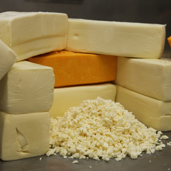 Blocks of white and orange cheese, with a pile of shredded white cheese in the foreground.