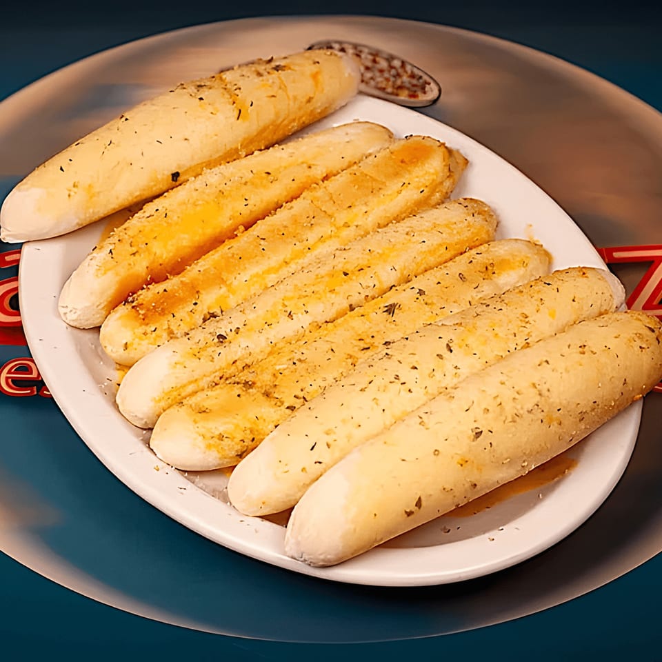 A white plate filled with golden-brown Harris Pizza breadsticks, seasoned with herbs and garlic.